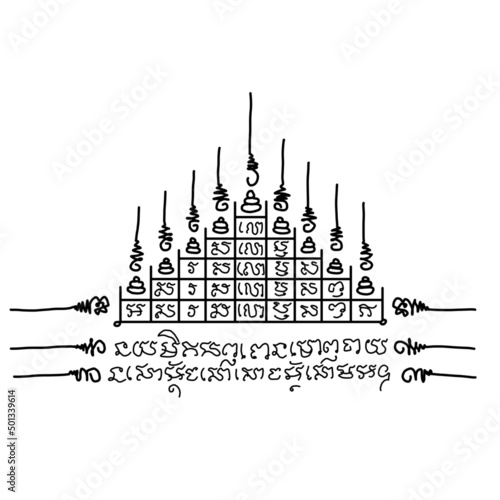 Thai ancient traditional tattoo name in thai language is kaoyod. It was popular among ancient warriors. It has properties in the field of great mercy. avoid from danger and protect from all weapons.