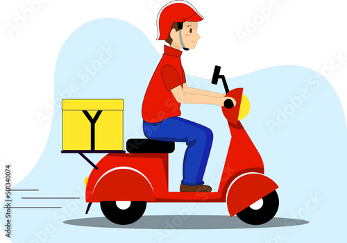 illustration of deliveryman riding on scooter with box.