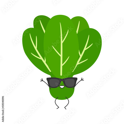 Lettuce leaves green salad cute character cartoon jumping smiling face happy joy emotions vector illustration.