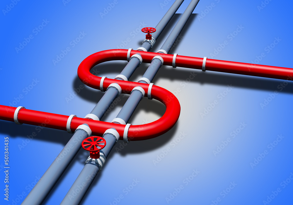 Reverse gas supplies. Pipeline with red valves. Reverse deliveries using pipeline. Gas pipes intersect. Concept of export and import of natural gas. Pipeline for energy imports. 3d image. Reverse gas supplies. Pipeline with red valves. Reverse deliveries using pipeline. Gas pipes intersect. Concept of export and import of natural gas. Pipeline for energy imports. 3d image.