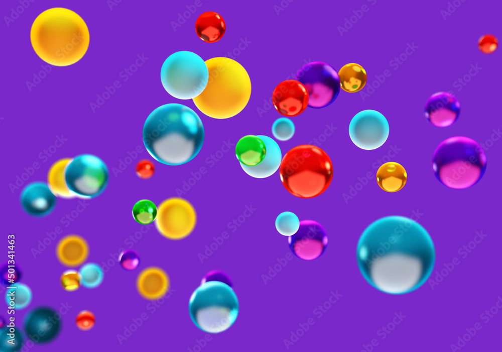 Rainbow wallpaper. Abstract bubbles of bright colors. Purple wallpaper with bubbles. Bubbles with selective focus. Wallpaper for desktop background. Three-dimensional geometric balls. 3d rendering.