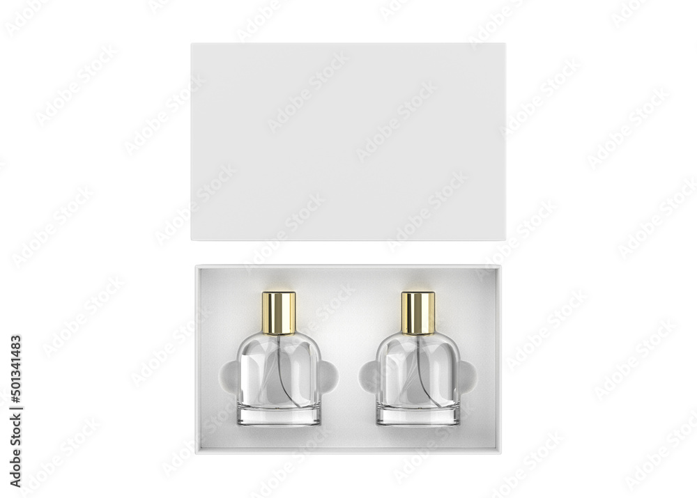 Blank perfume bottles in hard gift box for branding, 3d render illustration. Blank perfume bottles in hard gift box for branding, 3d render illustration.