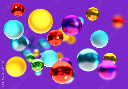 Background with bubbles. Multicolored bubbles on purple. Colorful background with balloons. Multicolored balls. Colorful abstract background for advertising. Bubbles in weightlessness. 3d image.