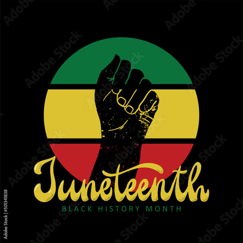 Juneteenth hand lettering quote decorated with risen human hand on black background. Good for t shirt prints, cards, posters, banners, stickers, etc. Black history month. EPS 10