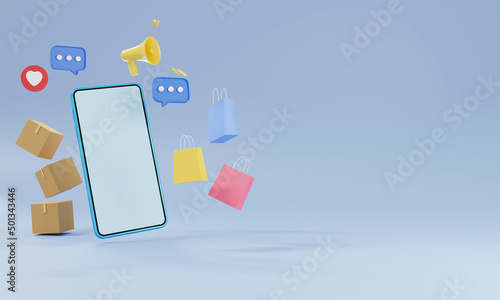 Online shopping store with smartphone and credit card, business online concept, application mobile on website, 3d rendering