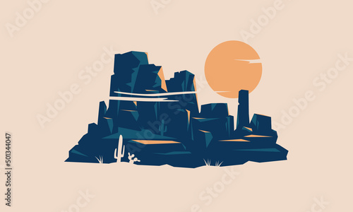 Desert Prairie Mountain Rock Sun American Nature Landscape Logo Retro Vintage Postcard Vector Illustration Hiking Travel Western