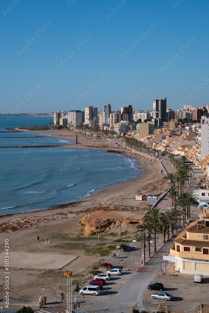 El Campello Spain elevated view of town beach and seafront with blue sea and sky
