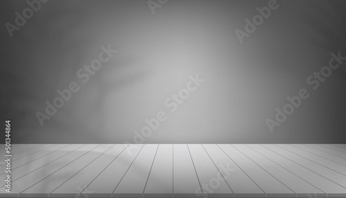 3D Studio room with palm leaf shadow on wooden panel with grey wall cement background.Vector illustration banner with leaves branches shadow on wood floor.Empty Showroom shoot backdrop for advertising © Anchalee