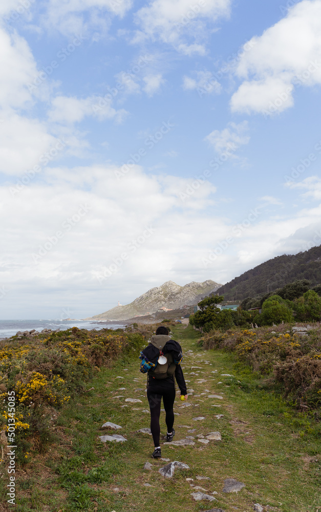 a backpacker doing hiking along a green path admiring the landscape a backpacker doing hiking along a green path admiring the landscape