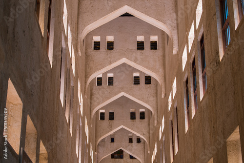 Doha, Qatar, April 22,2022: Night views of the traditional Arabic architecture of Souq Waqif Market.