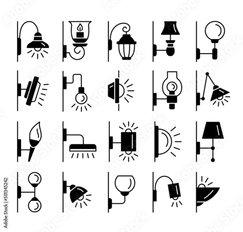 Sconces. Flat silhouette icon set. Different types of exterior and interior wall lights. Modern and antique wall lamps. Isolated objects