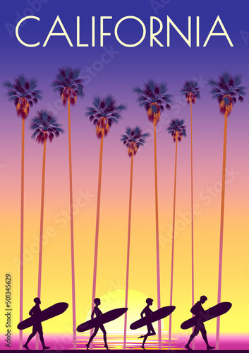 California travel poster. Beautiful landscape with surfers, beach, palms and sea in the background. Handmade drawing vector illustration.