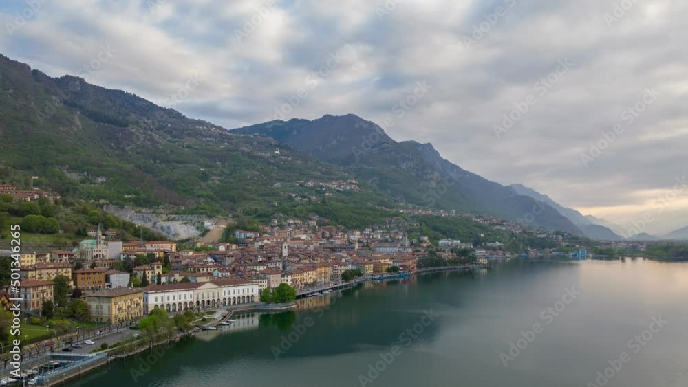 aerial view of Iseo lake and Lovere city at morning, hyperlapse take with a drone, Lovere,Italy aerial view of Iseo lake and Lovere city at morning, hyperlapse take with a drone, Lovere,Italy