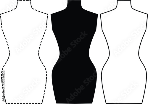 Vector mannequines in black silhouette, line art, dotted line. Elements for design illustrations, card, poster about sewing, fashion.