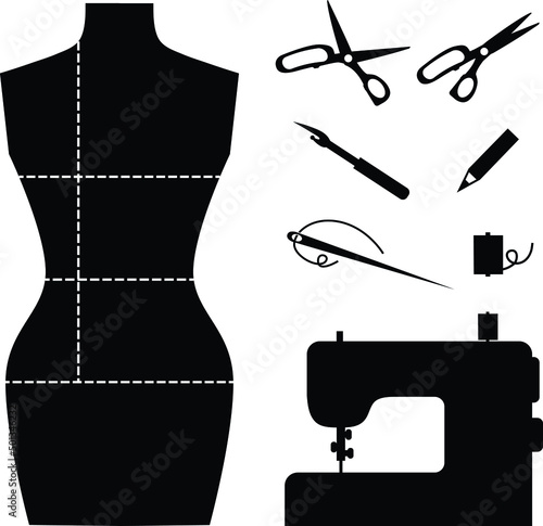 Vector set: black silhouette of sewing equipment. Tailoring scissors, seamstress ripper, pencil, needle and thread, machine, female mannequin with body measurement by dotted line. Isolated on white.