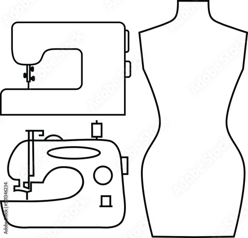 Vector linear sewing machines and female mannequin. Tailoring equipment in line art style. Isolated on white elements for design card, poster, illustration.