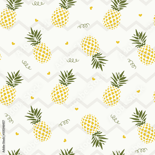 Seamless Pattern love pineapple fruit on zig zag background. Design for scrapbooking, decoration, cards, paper goods, background, wallpaper, wrapping, fabric and all your creative projects