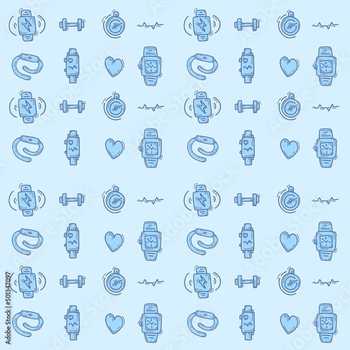 Digital watch gadget seamless hand drawn pattern, smartwatch linear background template, electronic mobile fit tool icons repetitive vector illustration design, repeat doodle style wallpaper