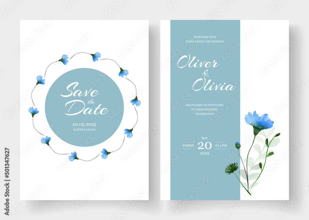 Fototapeta premium Wedding invitation cards decorated with hand painted watercolor wildflowers