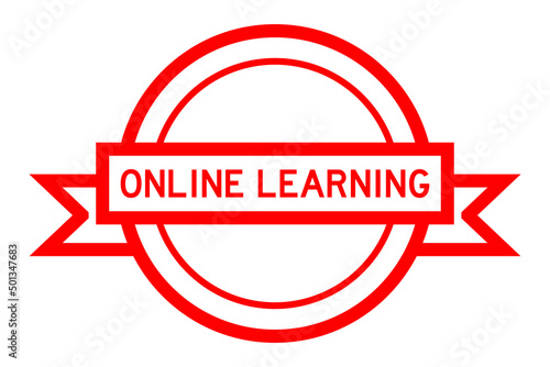 Vintage red color round label banner with word online learning on white background