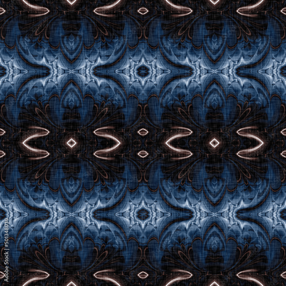 Dark indigo blue bandana style tie dye print pattern. Seamless ethnic silk home decor design with a masculine color tile. For modern vintage cushion, pillow and boho fashion repeat print.