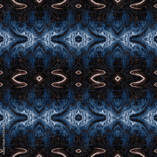 Dark indigo blue bandana style tie dye print pattern. Seamless ethnic silk home decor design with a masculine color tile. For modern vintage cushion, pillow and boho fashion repeat print.