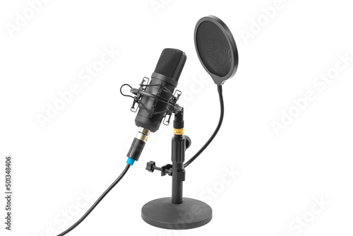 Close-up of a professional microphone with a pop filter in front of it. Desktop microphone for recording podcasts, songs and streaming on a stand against a light background