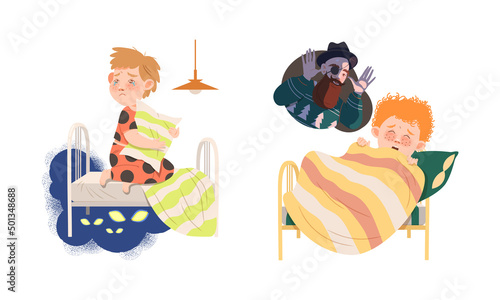 Childhood fears set. Scary monsters frightening little boys, nightmare concept vector illustration