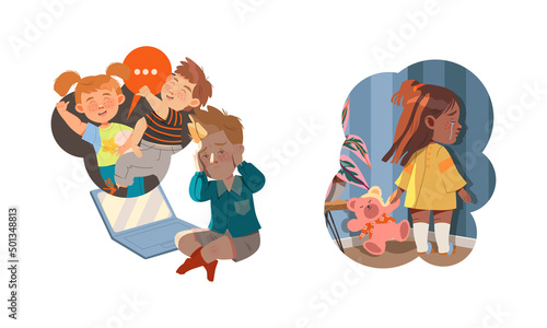 Childhood fears set. Boy suffering from online abuse. Lonely crying little girl standing facing the wall vector illustration
