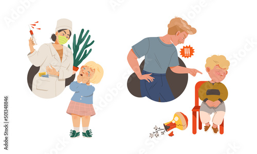 Childhood fears set. Kids afraid of doctor and punishment vector illustration