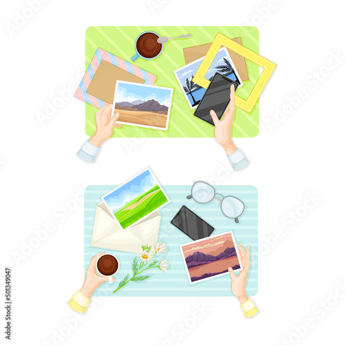 Top view of hands putting photo in frame and sending postcard set vector illustration