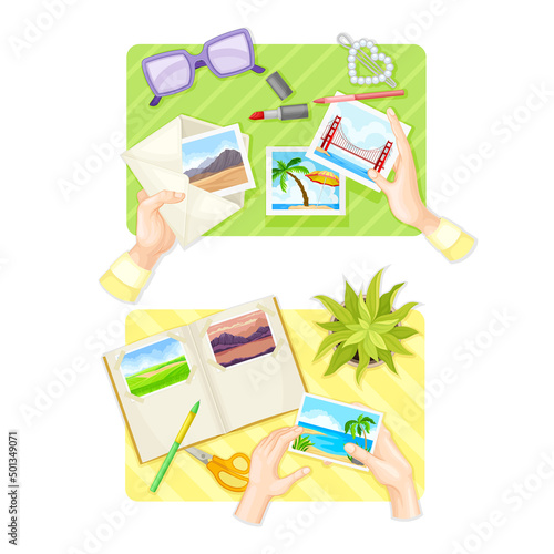 Top view of hands sticking photos in album and sending postcard set vector illustration