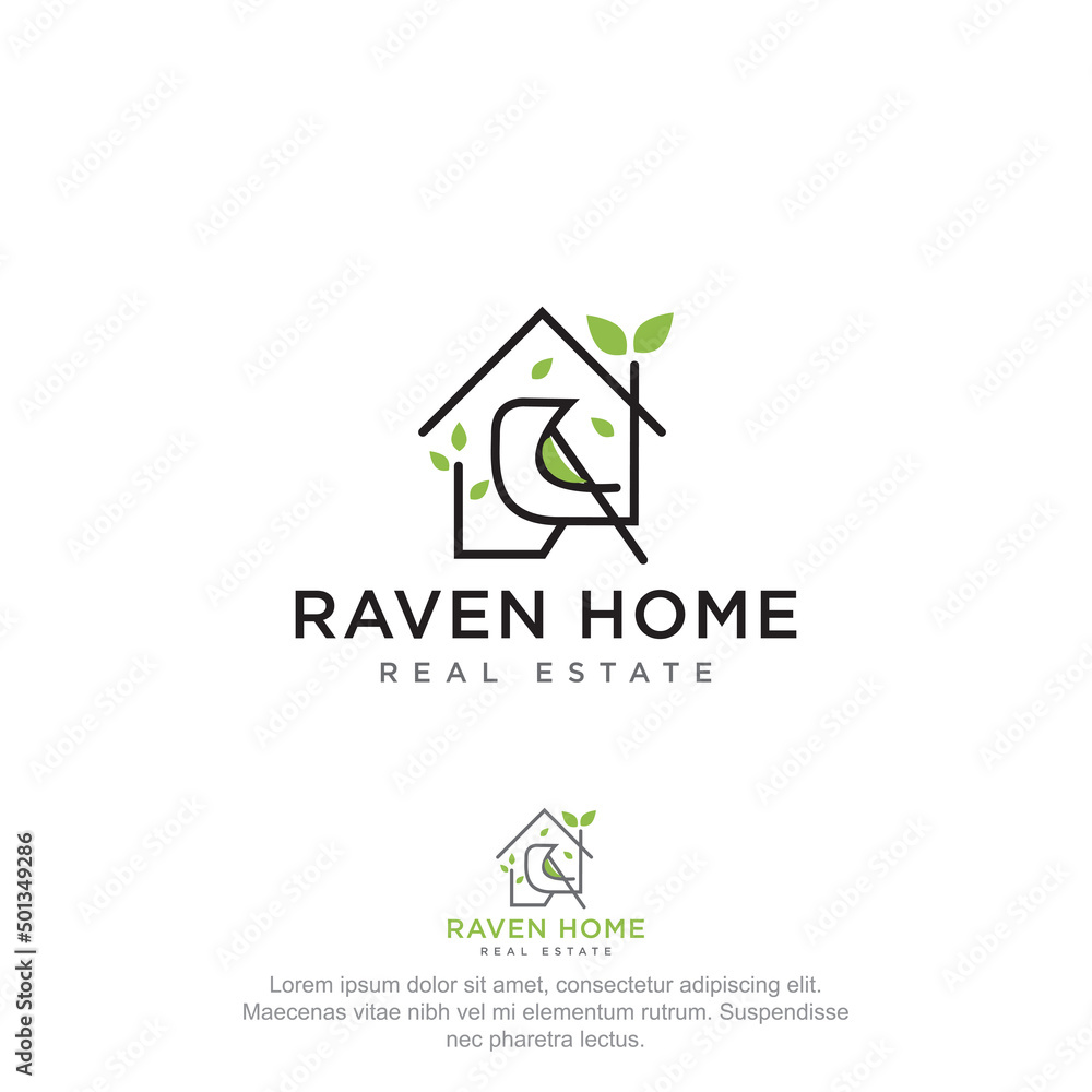 raven home real estate logo, luxury geometry line art home and bird