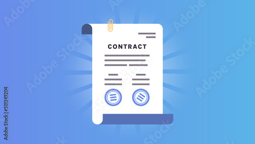 Contract closing agreement with paper and digital signature stamp flat vector illustration.