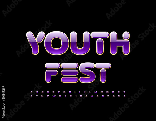 Vector bright logo Youth Fest. Violet and Gold trendy Font. Artistic Alphabet Letters and Numbers.