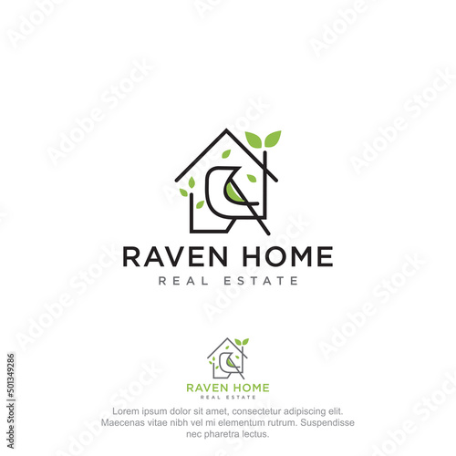 raven home real estate logo, luxury geometry line art home and bird vector