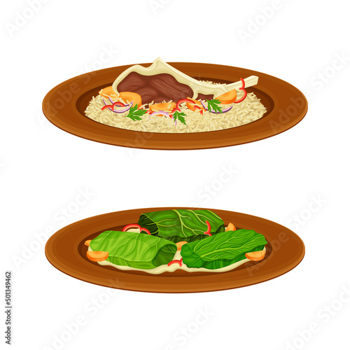 Turkish cuisine national dishes set. Pilaf and dolma on plates vector illustration