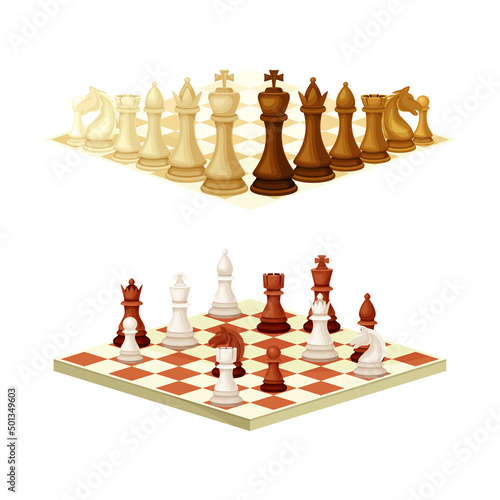 Chess pieces on chessboard set. Strategy sport board game vector illustration