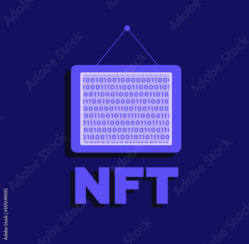 Vector illustration. NFT background. The concept of digital technologies. Crypto art. NFT icon and picture frame with binary code