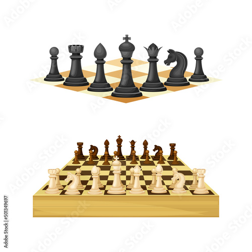 Chess pieces on chessboard set. Intellectual strategic board game vector illustration