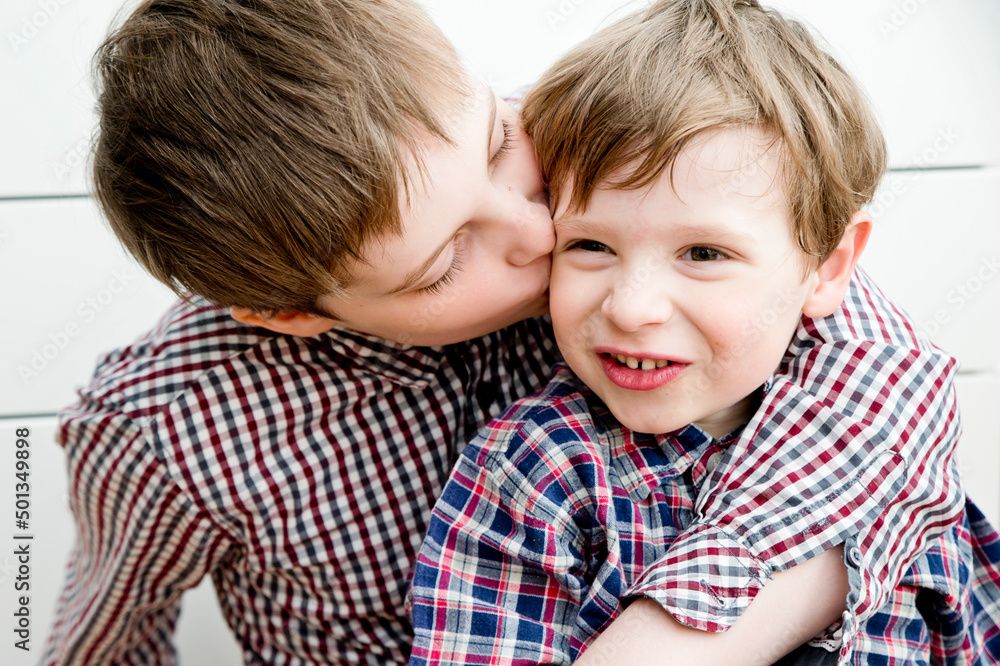 Two boys, happy brothers who are smiling together. Fraternal relations Two boys, happy brothers who are smiling together. Fraternal relations
