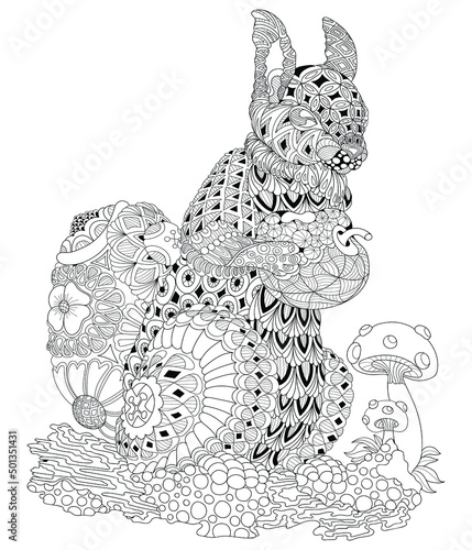 Coloring of a book with squirrels, vector illustrations for adults in the style of Zentangle. Vector illustration for coloring. 