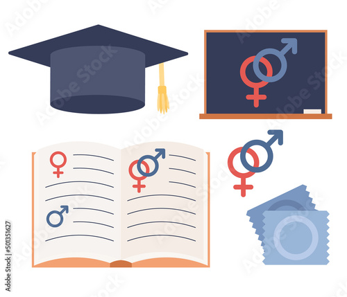 Sex education icon set. Contraception and reproduction system. Sexuality and gender. Vector flat illustration