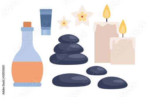 Spa icon set. Body care, natural treatment, spa salon, cosmetics, medicine, orient massage concept. Organic beauty product, natural oils, essences, stones, candles, flowers. Vector flat illustration