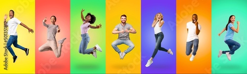 Emotional multiethnic millennials grimacing and gesturing on colorful backgrounds, collage