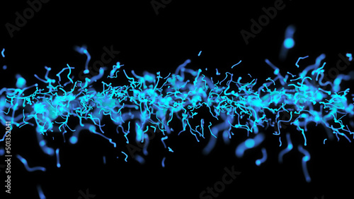 Fototapeta Naklejka Na Ścianę i Meble -  Blue Strings of Energy. Neon blue strings on black background.