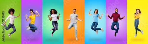 Collection of positive multiracial young people jumping on studio backgrounds