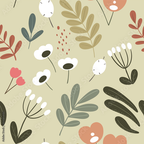 Seamless pattern in boho style, hand-drawn floral and herbal motifs. Vector pattern ideal for packaging, covers, fabric print.