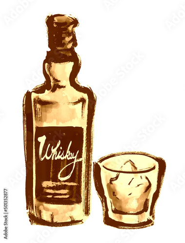 ウィスキーの瓶とグラスの手描き和風イラスト　セピア色　琥珀色
