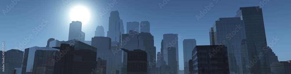 City at sunrise in the rays of the sun, skyscrapers in the morning in the rays of light, 3d rendering